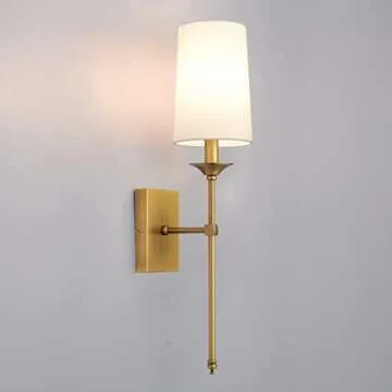 TERLEENART Hardwired Fabric Wall Sconces Set of 2, Mid Century Candlestick Style Wall Light Fixtures with Pure White Cylindrical Shade and Antique Brass Long Slim Stem,for Bathroom Bedroom Living Room