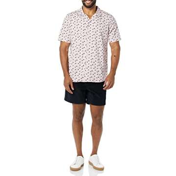 Amazon Essentials Men's Slim-Fit Short-Sleeve Button-Down Vacation Shirt, Lavender Palm Leaf Print, Small