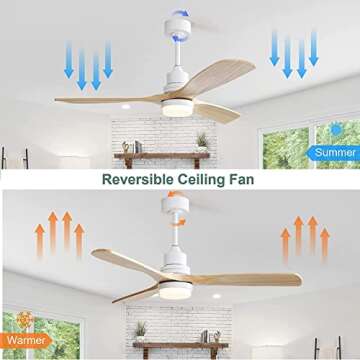 CACI Mall 52'' Wood Ceiling Fan with Light and Remote Control, 6-Speed,Timing function with Quiet，Energy Saving, 3 blades Ceiling fan with Remote,5247/White/Nature Wood (5247 WH YM)