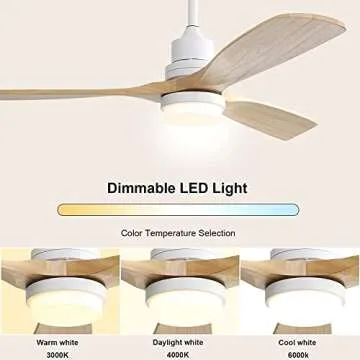 CACI Mall 52'' Wood Ceiling Fan with Light and Remote Control, 6-Speed,Timing function with Quiet，Energy Saving, 3 blades Ceiling fan with Remote,5247/White/Nature Wood (5247 WH YM)