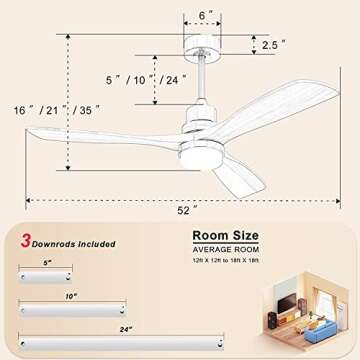 CACI Mall 52'' Wood Ceiling Fan with Light and Remote Control, 6-Speed,Timing function with Quiet，Energy Saving, 3 blades Ceiling fan with Remote,5247/White/Nature Wood (5247 WH YM)