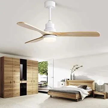 CACI Mall 52'' Wood Ceiling Fan with Light and Remote Control, 6-Speed,Timing function with Quiet，Energy Saving, 3 blades Ceiling fan with Remote,5247/White/Nature Wood (5247 WH YM)