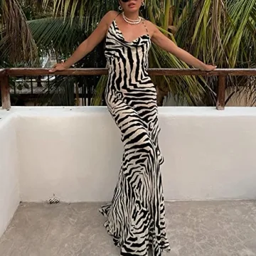 XPONNI Y2k Backless Satin Tie Dye Maxi Dress Zebra-Stripe