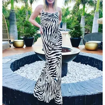 XPONNI Y2k Backless Satin Tie Dye Maxi Dress Zebra-Stripe