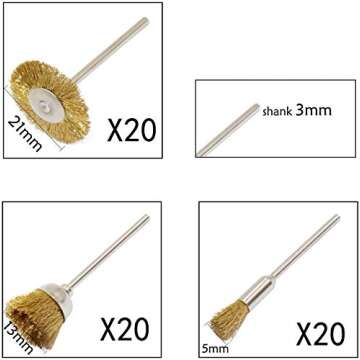 PHYHOO Brass Wire Brushes Cup Wheels Polish Cleaning Brush Kit Polishing Attachment Die Grinder Rotary Tools Accessories 3 MM Mandrel 60 Pieces