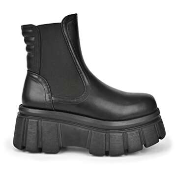 READYSALTED Women's Black Large Cleat Extra Platform Chunky Sole Ankle High Pull On Chelsea Fashion Boots (LILU30-BK,US7)