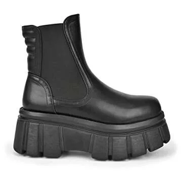 READYSALTED Women's Black Large Cleat Extra Platform Chunky Sole Ankle High Pull On Chelsea Fashion Boots (LILU30-BK,US7)