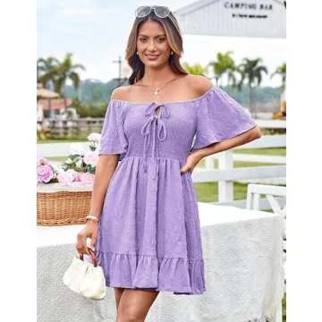 Tiered Dress Women Short Sleeve High Waist Ruffle A Line Babydall Dress Summer Sun Beach Dresses 2025 Summer Clothes Purple L