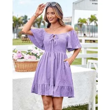 Tiered Dress Women Short Sleeve High Waist Ruffle A Line Babydall Dress Summer Sun Beach Dresses 2025 Summer Clothes Purple L