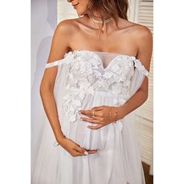 BATHGOWN Women's Off The Shoulder Elegant Fitted Maternity Gown Flare Sleeve Slim Fit Maxi Photography Dress for Photoshoot