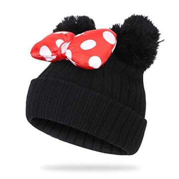 Toddler Girls Winter Beanie Hats with Pom Poms Warm Knit Baby Cap with Cute Mouse Ears Bowknot Black