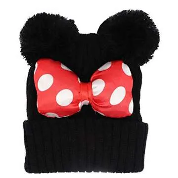 Toddler Girls Winter Beanie Hats with Pom Poms Warm Knit Baby Cap with Cute Mouse Ears Bowknot Black