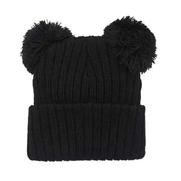 Toddler Girls Winter Beanie Hats with Pom Poms Warm Knit Baby Cap with Cute Mouse Ears Bowknot Black