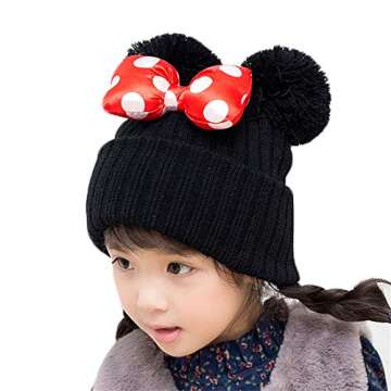 Toddler Girls Winter Beanie Hats with Pom Poms Warm Knit Baby Cap with Cute Mouse Ears Bowknot Black