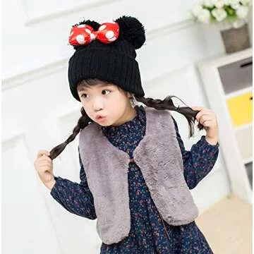 Toddler Girls Winter Beanie Hats with Pom Poms Warm Knit Baby Cap with Cute Mouse Ears Bowknot Black