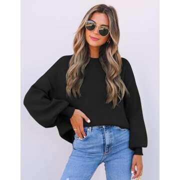 ZESICA Women's Casual Turtleneck Long Lantern Sleeve Oversized Ribbed Knit Pullover Sweater Jumper Top,Black,Small