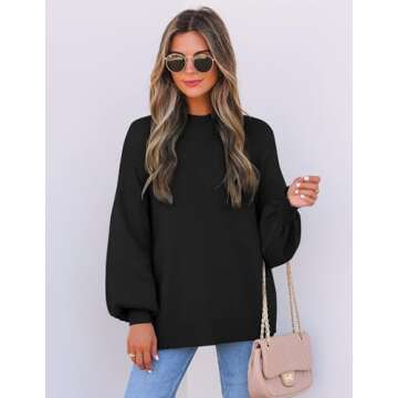 ZESICA Women's Casual Turtleneck Long Lantern Sleeve Oversized Ribbed Knit Pullover Sweater Jumper Top,Black,Small