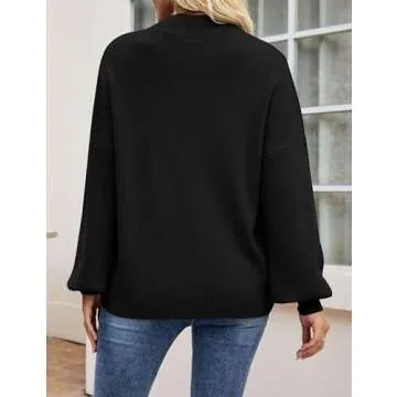 ZESICA Women's Casual Turtleneck Long Lantern Sleeve Oversized Ribbed Knit Pullover Sweater Jumper Top,Black,Small