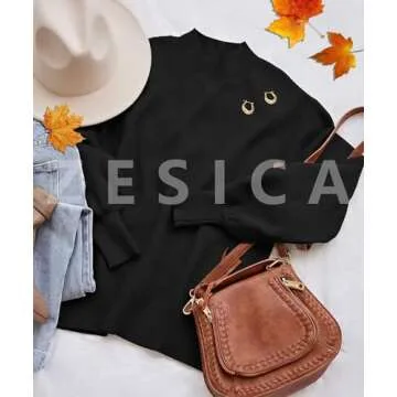 ZESICA Women's Casual Turtleneck Long Lantern Sleeve Oversized Ribbed Knit Pullover Sweater Jumper Top,Black,Small