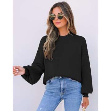 ZESICA Women's Casual Turtleneck Long Lantern Sleeve Oversized Ribbed Knit Pullover Sweater Jumper Top,Black,Small