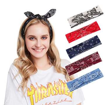 Yeshan Boho Bow Headbands for Women Vintage Paisley Bandana Flower Printed Hairband Elastic Rabbit e...
