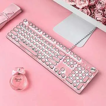 CC MALL Gaming Keyboard,Retro Punk Typewriter-Style, Blue Switches, White Backlight, USB Wired, for PC Laptop Desktop, Stylish Pink Mechanical Keyboard (Round Keycaps)
