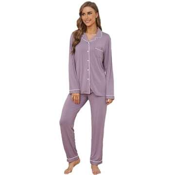 Yoolfine Button Up Pajamas for Women, Long Sleeve Sleepwear Soft Loungewear Ladies Pjs Set, Lavender...