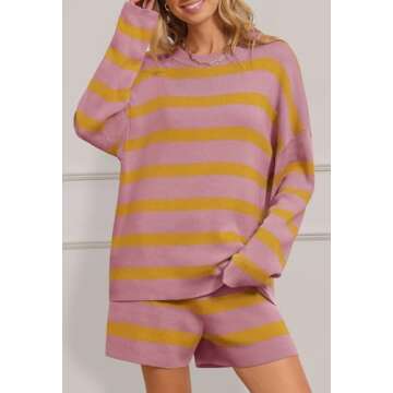 MEROKEETY Women's 2 Piece Sweater Lounge Sets Striped Long Sleeve Shorts Oversized Matching Outfits,...