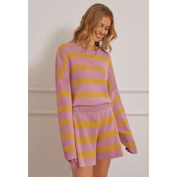 MEROKEETY Women's 2 Piece Sweater Lounge Sets Striped Long Sleeve Shorts Oversized Matching Outfits, PinkCombo, Medium