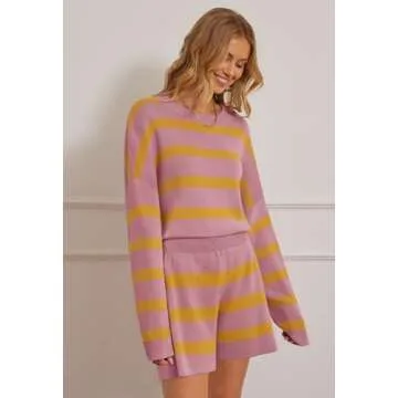 MEROKEETY Women's 2 Piece Sweater Lounge Sets Striped Long Sleeve Shorts Oversized Matching Outfits, PinkCombo, Medium
