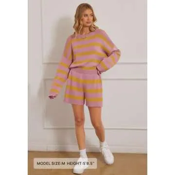 MEROKEETY Women's 2 Piece Sweater Lounge Sets Striped Long Sleeve Shorts Oversized Matching Outfits, PinkCombo, Medium