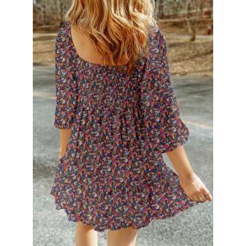 Dokotoo Women's Casual Dresses Spring Elegant Boho Dresses for Women 2025 Resort Wear Floral Square Neck Long Sleeve Smocked Ruffle Elastic Waist Mini Cute Tunic Dress Sun Dress Sundress Blue Medium