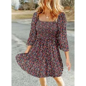 Dokotoo Women's Casual Dresses Spring Elegant Boho Dresses for Women 2025 Resort Wear Floral Square Neck Long Sleeve Smocked Ruffle Elastic Waist Mini Cute Tunic Dress Sun Dress Sundress Blue Medium