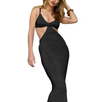 NUFIWI Womens Sexy Knitted Cut Out Spaghetti Strap Long Dresses Halter Neck Backless Maxi Dress Club...