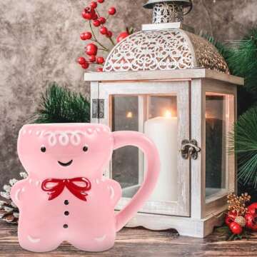 Kichvoe Gingerbread Ceramic Christmas Coffee Mugs Cute 3D Gingerbread Man Cup Novelty Mug with Handle Milk Tea Cup Drinking Glasses For Holiday Christmas Party Supplies Pink