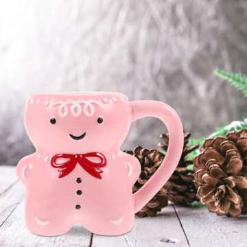 Kichvoe Gingerbread Ceramic Christmas Coffee Mugs Cute 3D Gingerbread Man Cup Novelty Mug with Handle Milk Tea Cup Drinking Glasses For Holiday Christmas Party Supplies Pink