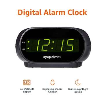 Amazon Basics Small Digital Oval Alarm Clock With LED Display, Nightlight & Battery Backup, Black, 4...