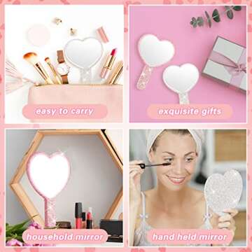 Tatuo 2 Pcs Rhinestone Mirror Handheld Bling Heart Lip Shaped Hand Mirror Glitter Cosmetic with Handle Portable Cute Travel Makeup Lash for Women (Pink and White)