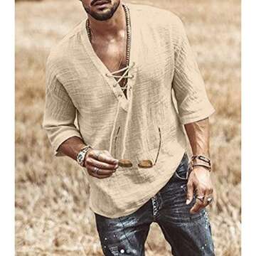 Men's Fashion Shirt Short Sleeve Beach V-Neck Drawstring Solid Khaki