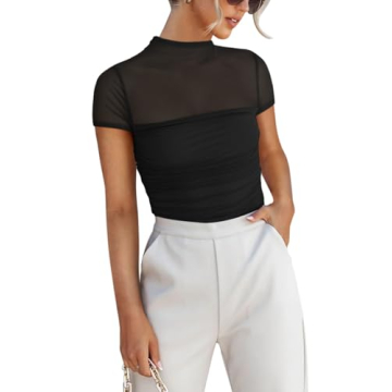 REORIA Sexy Bodysuits for Women Classic Mock Turtle Neck Short Sleeve Slim Fit Shirts Sheer Mesh Ruc...