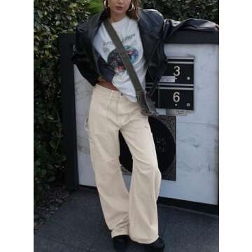 Darong Women's Cargo Pants 6 Pockets Wide Leg Casual Pants Trouser Y2K Pants 9041 Beige L
