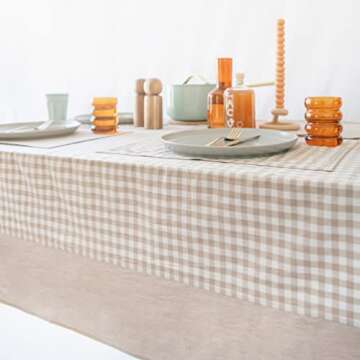MONDAY MOOSE Gingham Checkered Farmhouse Rustic Picnic Style Decoration Rectangle Natural Stonewashed Cotton Tablecloth for Kitchen, Dining Room, Restaurant (55x70 inch, Beige)