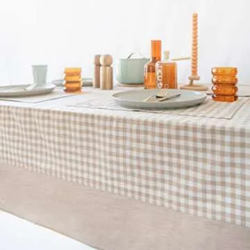 MONDAY MOOSE Gingham Checkered Farmhouse Rustic Picnic Style Decoration Rectangle Natural Stonewashed Cotton Tablecloth for Kitchen, Dining Room, Restaurant (55x70 inch, Beige)