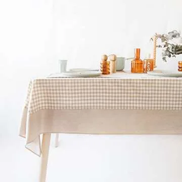 MONDAY MOOSE Gingham Checkered Farmhouse Rustic Picnic Style Decoration Rectangle Natural Stonewashed Cotton Tablecloth for Kitchen, Dining Room, Restaurant (55x70 inch, Beige)