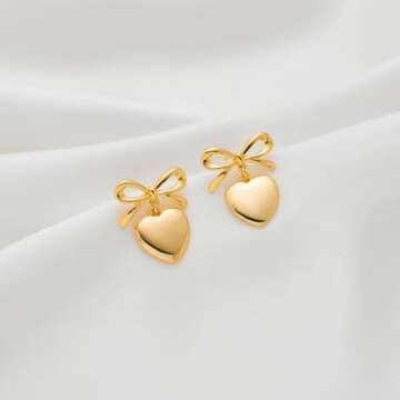 CLASSYZINT Bow Earrings for Women, Vintage Gold Bow Heart Drop Earrings for Women | Christmas Bow Ea...