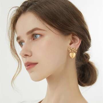 CLASSYZINT Bow Earrings for Women, Vintage Gold Bow Heart Drop Earrings for Women | Christmas Bow Earrings | Gold Heart Earrings | Gold Ribbon Earrings | Jewelry Gifts