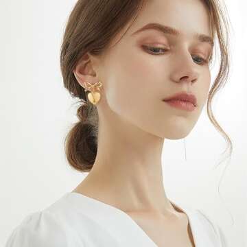 CLASSYZINT Bow Earrings for Women, Vintage Gold Bow Heart Drop Earrings for Women | Christmas Bow Earrings | Gold Heart Earrings | Gold Ribbon Earrings | Jewelry Gifts