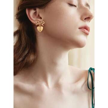 CLASSYZINT Bow Earrings for Women, Vintage Gold Bow Heart Drop Earrings for Women | Christmas Bow Earrings | Gold Heart Earrings | Gold Ribbon Earrings | Jewelry Gifts