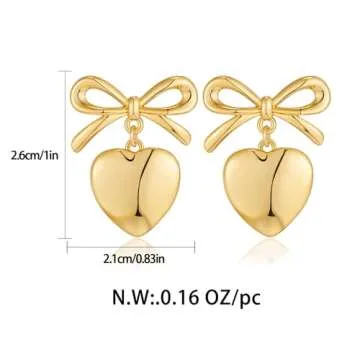 CLASSYZINT Bow Earrings for Women, Vintage Gold Bow Heart Drop Earrings for Women | Christmas Bow Earrings | Gold Heart Earrings | Gold Ribbon Earrings | Jewelry Gifts