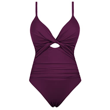 Hilor Women's Twist One Piece Swimsuits Sexy Keyhole Bathing Suit Ruched Tummy Control Swimwear Burgundy 10